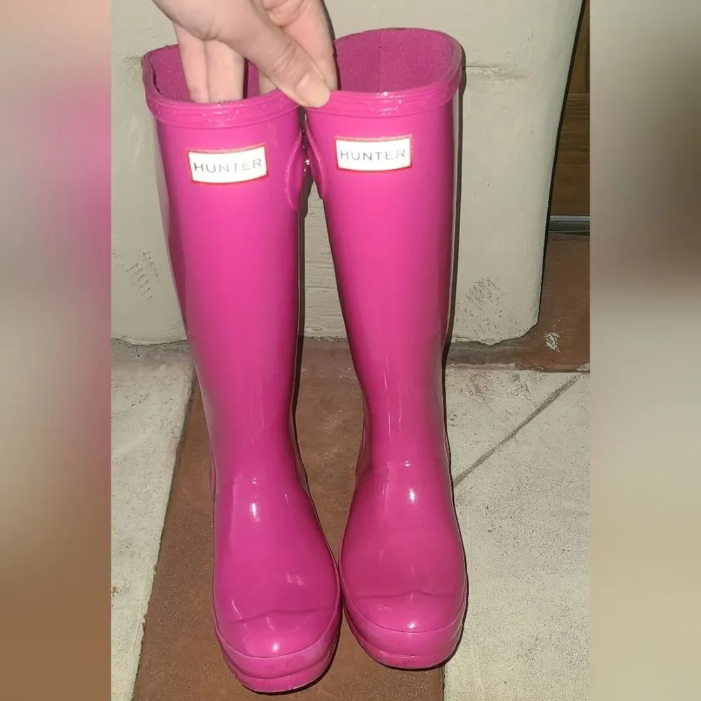 Hunter Tall Shiny Pink Rain Rubber Shiny Vibrant Pink Waterproof Boots Women 5